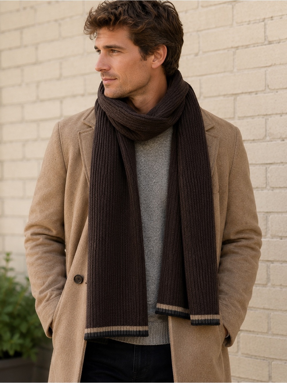 Banana Republic 100% Wool Brown Ribbed Scarf Tan Trim Unisex Winter